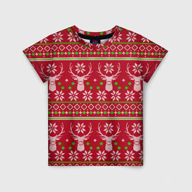 Детская футболка 3D с принтом Viral sweater в Санкт-Петербурге, 100% гипоаллергенный полиэфир | прямой крой, круглый вырез горловины, длина до линии бедер, чуть спущенное плечо, ткань немного тянется | deer | happy new year | new year | santa | защитный экран | корона | коронавирус | новогодний свитер | новый год | свитер | свитер с маской | свитер с оленями