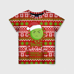 Детская футболка 3D с принтом Merry Quarantine в Санкт-Петербурге, 100% гипоаллергенный полиэфир | прямой крой, круглый вырез горловины, длина до линии бедер, чуть спущенное плечо, ткань немного тянется | deer | happy new year | new year | quarantine | santa | защитный экран | карантин | корона | коронавирус | новогодний свитер | новый год | свитер | свитер с маской | свитер с оленями