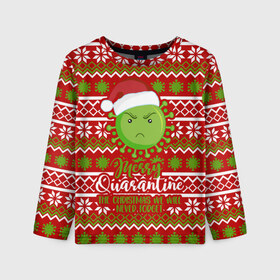 Детский лонгслив 3D с принтом Merry Quarantine в Санкт-Петербурге, 100% полиэстер | длинные рукава, круглый вырез горловины, полуприлегающий силуэт
 | deer | happy new year | new year | quarantine | santa | защитный экран | карантин | корона | коронавирус | новогодний свитер | новый год | свитер | свитер с маской | свитер с оленями