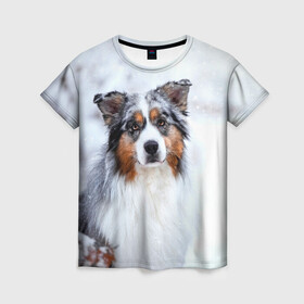 Женская футболка 3D с принтом Австралийская овчарка в Санкт-Петербурге, 100% полиэфир ( синтетическое хлопкоподобное полотно) | прямой крой, круглый вырез горловины, длина до линии бедер | dog | австралийская | животные | овчарка | пес | природа | собака | собаки | собакчка | собачки