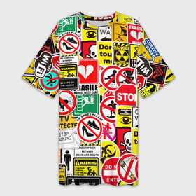 Платье-футболка 3D с принтом Запрещающие знаки в Санкт-Петербурге,  |  | danger | sticker bombing | запрещающие знаки | опасность | прикол | стикер бомбинг | череп