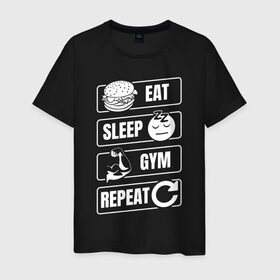 Мужская футболка хлопок с принтом Eat Sleep Gym Repeat в Санкт-Петербурге, 100% хлопок | прямой крой, круглый вырез горловины, длина до линии бедер, слегка спущенное плечо. | eat sleep | gym repeat | бодибилдинг | качалка | мотивация | спорт | фитнес