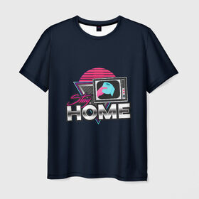 Мужская футболка 3D с принтом Stay Home в Санкт-Петербурге, 100% полиэфир | прямой крой, круглый вырез горловины, длина до линии бедер | Тематика изображения на принте: коронавирус | мем | неон | ретро | самоизоляция | социальная дистанция | туалетная бумага