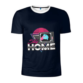 Мужская футболка 3D спортивная с принтом Stay Home в Санкт-Петербурге, 100% полиэстер с улучшенными характеристиками | приталенный силуэт, круглая горловина, широкие плечи, сужается к линии бедра | коронавирус | мем | неон | ретро | самоизоляция | социальная дистанция | туалетная бумага