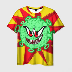 Мужская футболка 3D с принтом Вирус в Санкт-Петербурге, 100% полиэфир | прямой крой, круглый вырез горловины, длина до линии бедер | covid 19 | валюты | вирус | звезда | зеленый | злой | зубы | корона | коронавирус | монстр