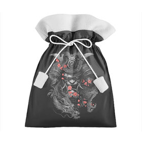 Подарочный 3D мешок с принтом Самурай и дракон в Санкт-Петербурге, 100% полиэстер | Размер: 29*39 см | Тематика изображения на принте: cherry | flower petals | helmet | japan | katana | ronin | sakura | samurai | вишня | катана | лепестки цветка | ронин | сакура | самурай | шлем | япония
