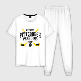 Мужская пижама хлопок с принтом Питтсбург Пингвинз в Санкт-Петербурге, 100% хлопок | брюки и футболка прямого кроя, без карманов, на брюках мягкая резинка на поясе и по низу штанин
 | hockey | nhl | penguins | pittsburg | pittsburgh | pittsburgh penguins | usa | нхл | пингвинз | питтсбург | питтсбург пингвинз | спорт | сша | хоккей | шайба