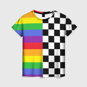 Женская футболка 3D с принтом Rainbow в Санкт-Петербурге, 100% полиэфир ( синтетическое хлопкоподобное полотно) | прямой крой, круглый вырез горловины, длина до линии бедер | музыкант | паттерн | полосы | радуга | реп | рэп | текаши | шахматы | шашки