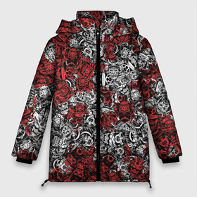 Женская зимняя куртка 3D с принтом Красные и Белые самураи в Санкт-Петербурге, верх — 100% полиэстер; подкладка — 100% полиэстер; утеплитель — 100% полиэстер | длина ниже бедра, силуэт Оверсайз. Есть воротник-стойка, отстегивающийся капюшон и ветрозащитная планка. 

Боковые карманы с листочкой на кнопках и внутренний карман на молнии | bushido | samurai | белый | бусидо | воин | демон | красный | маска | паттерн | самурай | сёгун | япония