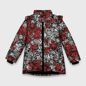 Зимняя куртка для девочек 3D с принтом Красные и Белые самураи в Санкт-Петербурге, ткань верха — 100% полиэстер; подклад — 100% полиэстер, утеплитель — 100% полиэстер. | длина ниже бедра, удлиненная спинка, воротник стойка и отстегивающийся капюшон. Есть боковые карманы с листочкой на кнопках, утяжки по низу изделия и внутренний карман на молнии. 

Предусмотрены светоотражающий принт на спинке, радужный светоотражающий элемент на пуллере молнии и на резинке для утяжки. | bushido | samurai | белый | бусидо | воин | демон | красный | маска | паттерн | самурай | сёгун | япония