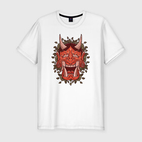 Мужская футболка хлопок Slim с принтом Oni demon samurai mask в Санкт-Петербурге, 92% хлопок, 8% лайкра | приталенный силуэт, круглый вырез ворота, длина до линии бедра, короткий рукав | Тематика изображения на принте: art | cyberpunk samurai | ninja | oni | ronin | samurai | shogun | yakuza | арт | воин | воитель | демон | киберпанк самурай | мерч | мужик | мужчина | они | путь воина | путь война | ронин | сёгун | сепукку | токио | черный самурай