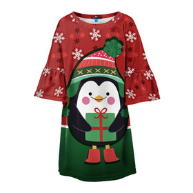 Детское платье 3D с принтом Пингвин. Новый год в Санкт-Петербурге, 100% полиэстер | прямой силуэт, чуть расширенный к низу. Круглая горловина, на рукавах — воланы | Тематика изображения на принте: зима | новый год | паттерн | пингвин | подарок | праздник | снежинки
