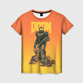 Женская футболка 3D с принтом Doom в Санкт-Петербурге, 100% полиэфир ( синтетическое хлопкоподобное полотно) | прямой крой, круглый вырез горловины, длина до линии бедер | doom | doom eternal | fps | game | games | hell | shooter | shotgun | ад | дробовик | дум | думгай | игра | игры