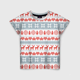 Детская футболка 3D с принтом Новогодний пиксельный узор в Санкт-Петербурге, 100% гипоаллергенный полиэфир | прямой крой, круглый вырез горловины, длина до линии бедер, чуть спущенное плечо, ткань немного тянется | christmas | deer | hearts | new year | pattern | pixels | snowflakes | trees | елки | новый год | олени | пиксели | рождество | сердечки | снежинки | узор