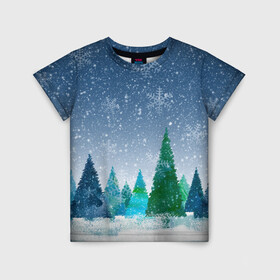 Детская футболка 3D с принтом Снежинки в лесу в Санкт-Петербурге, 100% гипоаллергенный полиэфир | прямой крой, круглый вырез горловины, длина до линии бедер, чуть спущенное плечо, ткань немного тянется | Тематика изображения на принте: winter | елки | елки в лесу | зимний лес | новогодняя | новый год | снежинки
