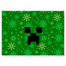Поздравительная открытка с принтом ЗИМНИЙ MINECRAFT в Санкт-Петербурге, 100% бумага | плотность бумаги 280 г/м2, матовая, на обратной стороне линовка и место для марки
 | christmas | creeper | game | minecraft | new year | snow | winter | зима | крипер | майнкрафт | мороз | новый год | рождество | снег | снежинки