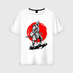 Женская футболка хлопок Oversize с принтом САМУРАЙ в Санкт-Петербурге, 100% хлопок | свободный крой, круглый ворот, спущенный рукав, длина до линии бедер
 | ninja | oni | samurai | shogun | путь воина. | самурай | самурай на коне | сёгун | токио | харакири | чёрный самурай | японский самурай