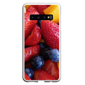 Чехол для Samsung Galaxy S10 с принтом Фругтово-ягодное изобилие в Санкт-Петербурге, Силикон | Область печати: задняя сторона чехла, без боковых панелей | еда | клубника | манго | фрукт | фрукты | черника | ягода | ягоды