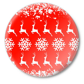 Значок с принтом New Year в Санкт-Петербурге,  металл | круглая форма, металлическая застежка в виде булавки | Тематика изображения на принте: christmas toys | deer | new year | red | snow | snowflakes | tree | елка | красный | новогодние игрушки | новый год | олени | свитер с оленями | снег | снежинки | футболка с оленями