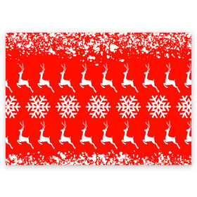 Поздравительная открытка с принтом New Year в Санкт-Петербурге, 100% бумага | плотность бумаги 280 г/м2, матовая, на обратной стороне линовка и место для марки
 | Тематика изображения на принте: christmas toys | deer | new year | red | snow | snowflakes | tree | елка | красный | новогодние игрушки | новый год | олени | свитер с оленями | снег | снежинки | футболка с оленями
