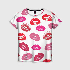 Женская футболка 3D с принтом Губы в Санкт-Петербурге, 100% полиэфир ( синтетическое хлопкоподобное полотно) | прямой крой, круглый вырез горловины, длина до линии бедер | арт | бардовый | губы | косметика | красный | помада | поцелуи | поцелуй | рисунок | розовый