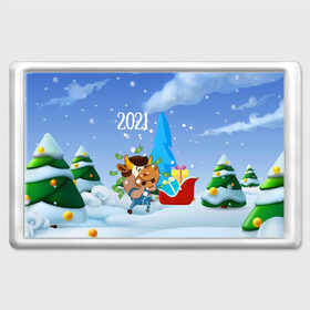 Магнит 45*70 с принтом Новый год 2021 в Санкт-Петербурге, Пластик | Размер: 78*52 мм; Размер печати: 70*45 | Тематика изображения на принте: 2021 | 7 января | bull | newyear | santa | бык | быки | бычок | год быка | дед мороз | корова | новогодние каникулы | новогодние праздники | новый 2021 | новый год | новый год 2021 | рождество | сани | санта | санта клаус