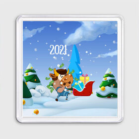 Магнит 55*55 с принтом Новый год 2021 в Санкт-Петербурге, Пластик | Размер: 65*65 мм; Размер печати: 55*55 мм | 2021 | 7 января | bull | newyear | santa | бык | быки | бычок | год быка | дед мороз | корова | новогодние каникулы | новогодние праздники | новый 2021 | новый год | новый год 2021 | рождество | сани | санта | санта клаус
