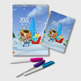 Блокнот с принтом Новый год 2021 в Санкт-Петербурге, 100% бумага | 48 листов, плотность листов — 60 г/м2, плотность картонной обложки — 250 г/м2. Листы скреплены удобной пружинной спиралью. Цвет линий — светло-серый
 | Тематика изображения на принте: 2021 | 7 января | bull | newyear | santa | бык | быки | бычок | год быка | дед мороз | корова | новогодние каникулы | новогодние праздники | новый 2021 | новый год | новый год 2021 | рождество | сани | санта | санта клаус