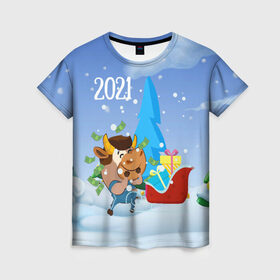 Женская футболка 3D с принтом Новый год 2021 в Санкт-Петербурге, 100% полиэфир ( синтетическое хлопкоподобное полотно) | прямой крой, круглый вырез горловины, длина до линии бедер | 2021 | 7 января | bull | newyear | santa | бык | быки | бычок | год быка | дед мороз | корова | новогодние каникулы | новогодние праздники | новый 2021 | новый год | новый год 2021 | рождество | сани | санта | санта клаус