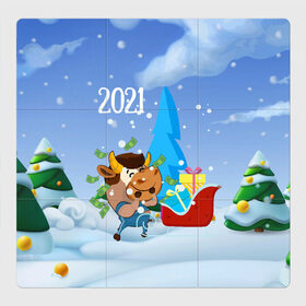 Магнитный плакат 3Х3 с принтом Новый год 2021 в Санкт-Петербурге, Полимерный материал с магнитным слоем | 9 деталей размером 9*9 см | Тематика изображения на принте: 2021 | 7 января | bull | newyear | santa | бык | быки | бычок | год быка | дед мороз | корова | новогодние каникулы | новогодние праздники | новый 2021 | новый год | новый год 2021 | рождество | сани | санта | санта клаус