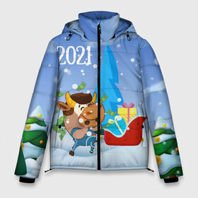 Мужская зимняя куртка 3D с принтом Новый год 2021 в Санкт-Петербурге, верх — 100% полиэстер; подкладка — 100% полиэстер; утеплитель — 100% полиэстер | длина ниже бедра, свободный силуэт Оверсайз. Есть воротник-стойка, отстегивающийся капюшон и ветрозащитная планка. 

Боковые карманы с листочкой на кнопках и внутренний карман на молнии. | 2021 | 7 января | bull | newyear | santa | бык | быки | бычок | год быка | дед мороз | корова | новогодние каникулы | новогодние праздники | новый 2021 | новый год | новый год 2021 | рождество | сани | санта | санта клаус