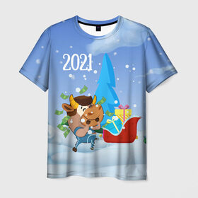 Мужская футболка 3D с принтом Новый год 2021 в Санкт-Петербурге, 100% полиэфир | прямой крой, круглый вырез горловины, длина до линии бедер | Тематика изображения на принте: 2021 | 7 января | bull | newyear | santa | бык | быки | бычок | год быка | дед мороз | корова | новогодние каникулы | новогодние праздники | новый 2021 | новый год | новый год 2021 | рождество | сани | санта | санта клаус