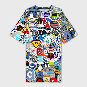 Платье-футболка 3D с принтом Programming stickers в Санкт-Петербурге,  |  | css | it | linux | programming | wi fi | код | компьютер | линукс | программирование | профессия | стикер бомбинг