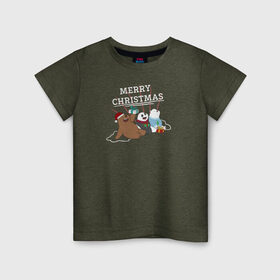 Детская футболка хлопок с принтом Merry christmas в Санкт-Петербурге, 100% хлопок | круглый вырез горловины, полуприлегающий силуэт, длина до линии бедер | cartoon network | grizz | icebear | panda | vdkimel | we bare bears | белый | вся правда о медведях | гризли | панда