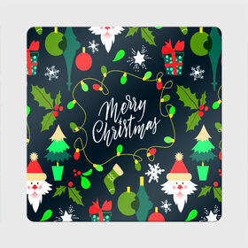 Магнит виниловый Квадрат с принтом Merry Christmas в Санкт-Петербурге, полимерный материал с магнитным слоем | размер 9*9 см, закругленные углы | 2020 | 2021 | new year | гирлянда | дед мороз | елка | зеленый | игрушка | клаус | конфеты | нг | новый год | носок | перчатка | подарок | рождество | с | санта | сладости | снег | снеговик | снежинка | шапка | шары