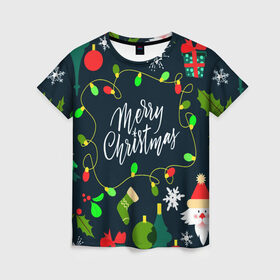 Женская футболка 3D с принтом Merry Christmas в Санкт-Петербурге, 100% полиэфир ( синтетическое хлопкоподобное полотно) | прямой крой, круглый вырез горловины, длина до линии бедер | 2020 | 2021 | new year | гирлянда | дед мороз | елка | зеленый | игрушка | клаус | конфеты | нг | новый год | носок | перчатка | подарок | рождество | с | санта | сладости | снег | снеговик | снежинка | шапка | шары