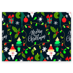 Поздравительная открытка с принтом Merry Christmas в Санкт-Петербурге, 100% бумага | плотность бумаги 280 г/м2, матовая, на обратной стороне линовка и место для марки
 | 2020 | 2021 | new year | гирлянда | дед мороз | елка | зеленый | игрушка | клаус | конфеты | нг | новый год | носок | перчатка | подарок | рождество | с | санта | сладости | снег | снеговик | снежинка | шапка | шары