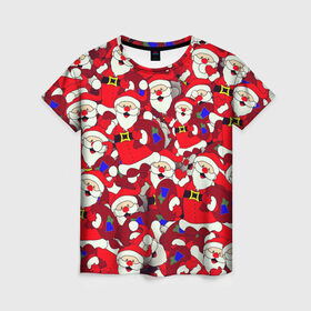 Женская футболка 3D с принтом Дед Санта в Санкт-Петербурге, 100% полиэфир ( синтетическое хлопкоподобное полотно) | прямой крой, круглый вырез горловины, длина до линии бедер | 2021 | 2022 | new year | tiger | гирлянда | год тигра | дед мороз | елка | клаус | конфеты | нг | новый год | носок | подарок | рождество | с | санта | снег | снеговик | снежинка | шары