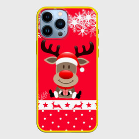 Чехол для iPhone 13 Pro Max с принтом Олень с подарком в Санкт-Петербурге,  |  | Тематика изображения на принте: 2021 | new year | деда мороза | к нам приходит | клауса | костюм | новогодний | новый год | праздник | рождество | рудольф | санты | снег | снежинки | снежок | узор