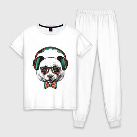 Женская пижама хлопок с принтом панда-хипстер в Санкт-Петербурге, 100% хлопок | брюки и футболка прямого кроя, без карманов, на брюках мягкая резинка на поясе и по низу штанин | винтаж | медведь | меломан | наушники | очки | панда | ретро | хипстер