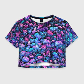 Женская футболка Crop-top 3D с принтом Волшебные грибы в Санкт-Петербурге, 100% полиэстер | круглая горловина, длина футболки до линии талии, рукава с отворотами | neon | гриб | грибник | грибочки | магия | мистика | мухомор | паттерн | поганки | психоделика | психоделический | свет | сияние