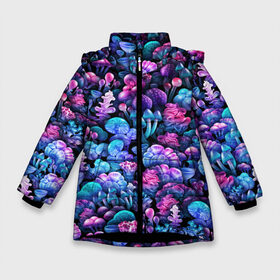 Зимняя куртка для девочек 3D с принтом Волшебные грибы в Санкт-Петербурге, ткань верха — 100% полиэстер; подклад — 100% полиэстер, утеплитель — 100% полиэстер. | длина ниже бедра, удлиненная спинка, воротник стойка и отстегивающийся капюшон. Есть боковые карманы с листочкой на кнопках, утяжки по низу изделия и внутренний карман на молнии. 

Предусмотрены светоотражающий принт на спинке, радужный светоотражающий элемент на пуллере молнии и на резинке для утяжки. | Тематика изображения на принте: neon | гриб | грибник | грибочки | магия | мистика | мухомор | паттерн | поганки | психоделика | психоделический | свет | сияние