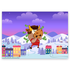 Поздравительная открытка с принтом Денежный бык в Санкт-Петербурге, 100% бумага | плотность бумаги 280 г/м2, матовая, на обратной стороне линовка и место для марки
 | 2021 | 7 января | bull | newyear | santa | бык | быки | бычок | год быка | дед мороз | корова | новогодние каникулы | новогодние праздники | новый 2021 | новый год | новый год 2021 | рождество | сани | санта | санта клаус