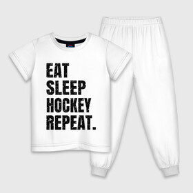 Детская пижама хлопок с принтом EAT SLEEP HOCKEY REPEAT в Санкт-Петербурге, 100% хлопок |  брюки и футболка прямого кроя, без карманов, на брюках мягкая резинка на поясе и по низу штанин
 | Тематика изображения на принте: boston | bruins | capitals | detroit | eat | eat sleep hockey repeat | hockey | nhl | penguins | pittsburgh | red wings | repeat | sleep | washington | вашингтон кэпиталз | нхл | питтсбург пингвинз | хокей | хоккей