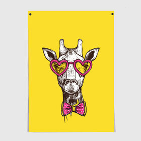Постер с принтом Жираф в Санкт-Петербурге, 100% бумага
 | бумага, плотность 150 мг. Матовая, но за счет высокого коэффициента гладкости имеет небольшой блеск и дает на свету блики, но в отличии от глянцевой бумаги не покрыта лаком | бабочка | винтаж | графика | жираф | очки | ретро | рисунок | сердечки | хипстер