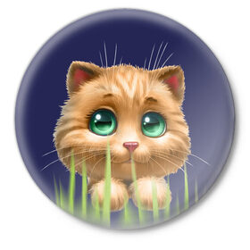 Значок с принтом зелёная трава в Санкт-Петербурге,  металл | круглая форма, металлическая застежка в виде булавки | глазки | животные | котёнок | рыжий