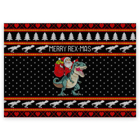 Поздравительная открытка с принтом Merry Rex-mas в Санкт-Петербурге, 100% бумага | плотность бумаги 280 г/м2, матовая, на обратной стороне линовка и место для марки
 | 2020 | 2021 | christmas | dino | happy | merry | new year | rex | santa | sweater | t rex | ugly christmas | динозавр | зима | новогодний | новогодняя | новый год | рождественский | рождественский свитер | рождество | санта | свитер | снег