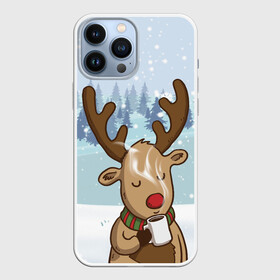 Чехол для iPhone 13 Pro Max с принтом Олень с кружкой в Санкт-Петербурге,  |  | 2021 | new year | деда мороза | зима | к нам приходит | клауса | костюм | новогодний | новый год | праздник | пьёт | рождество | рудольф | санты | снег | снежинки | снежок | согреться | холодно | чай