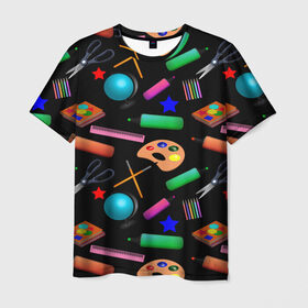 Мужская футболка 3D с принтом Снова в школу в Санкт-Петербурге, 100% полиэфир | прямой крой, круглый вырез горловины, длина до линии бедер | глобус | карандаш | кисточка | класс | краски | линейка | математика | ножницы | перемена | портфель | физика | школа