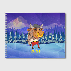 Альбом для рисования с принтом Злой бычара 2021 в Санкт-Петербурге, 100% бумага
 | матовая бумага, плотность 200 мг. | Тематика изображения на принте: 2021 | 7 января | bull | newyear | santa | бык | быки | бычок | год быка | дед мороз | корова | новогодние каникулы | новогодние праздники | новый 2021 | новый год | новый год 2021 | рождество | сани | санта | санта клаус